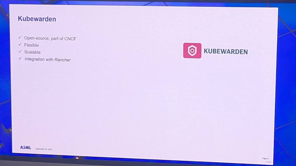 ASML slide titled Kubewarden with the Kubewarden logo and four ticks: open-source, part of CNCF; flexible; scalable; integration with Rancher