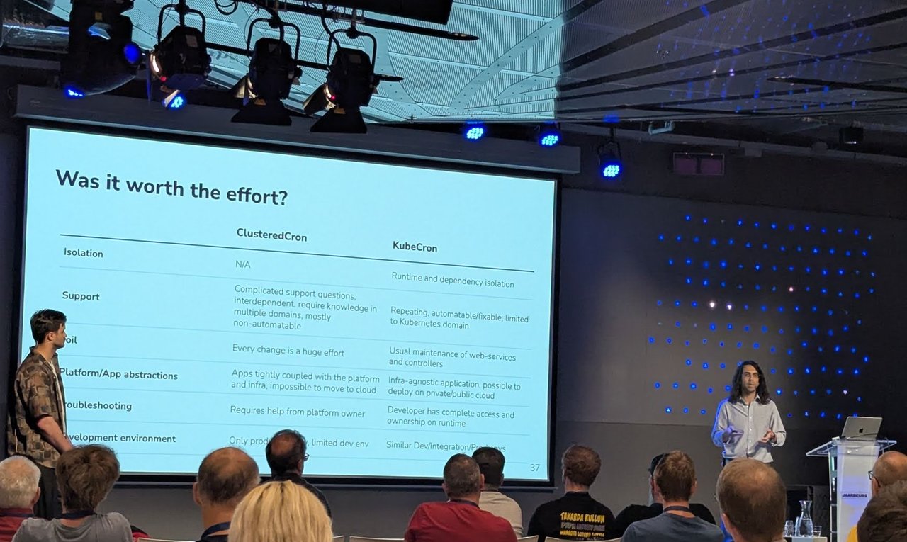 Slide Was it worth the effort comparing a ClusteredCron setup with KubeCron across isolation, support, toil, platform and app abstractions, troubleshooting and development environment