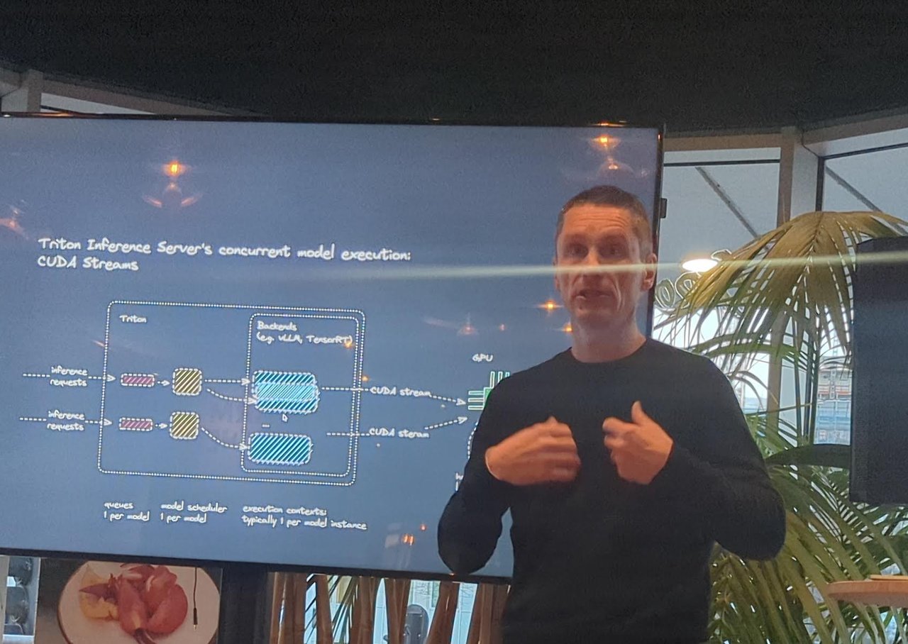 Slide: Triton Inference Server's concurrent model execution with CUDA Streams, showing inference requests, queues, a model scheduler and execution contexts feeding a GPU