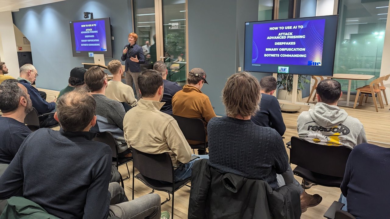 Slide titled How to use AI to attack, listing advanced phishing, deepfakes, binary obfuscation and botnets commanding