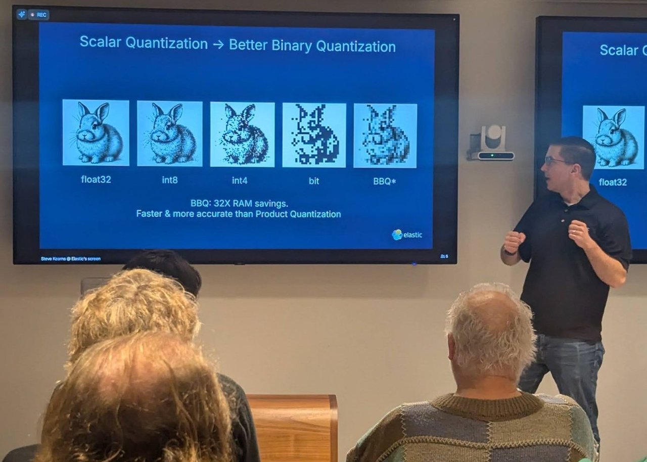 The Scalar Quantization to Better Binary Quantization slide showing float32, int8, int4, bit and BBQ, with the text BBQ: 32X RAM savings, faster and more accurate than Product Quantization