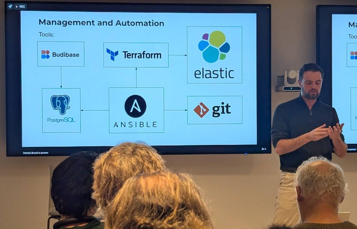 The Devoteam Management and Automation tools slide with Budibase, Terraform, Elastic, PostgreSQL, Ansible and git
