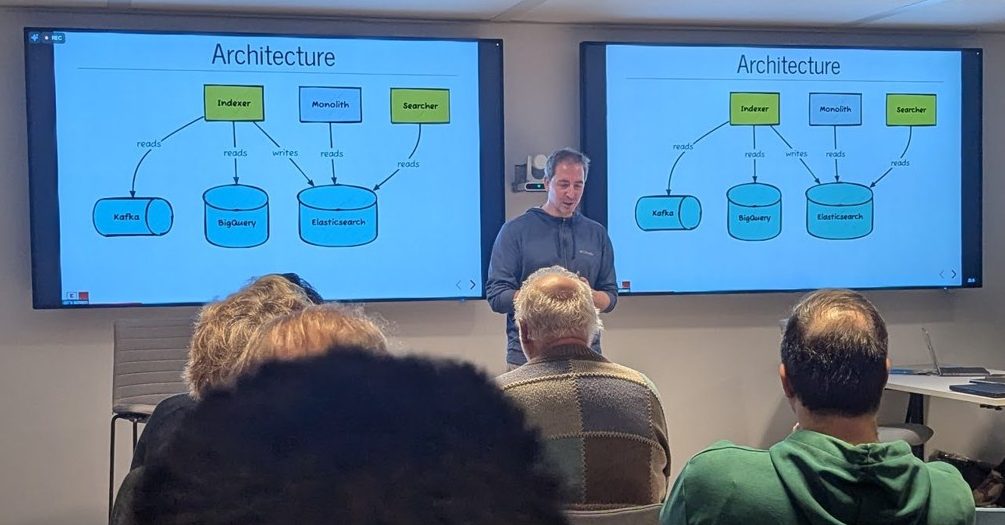 Kaufland's Architecture slide: Indexer, Monolith and Searcher services connected to Kafka, BigQuery and Elasticsearch