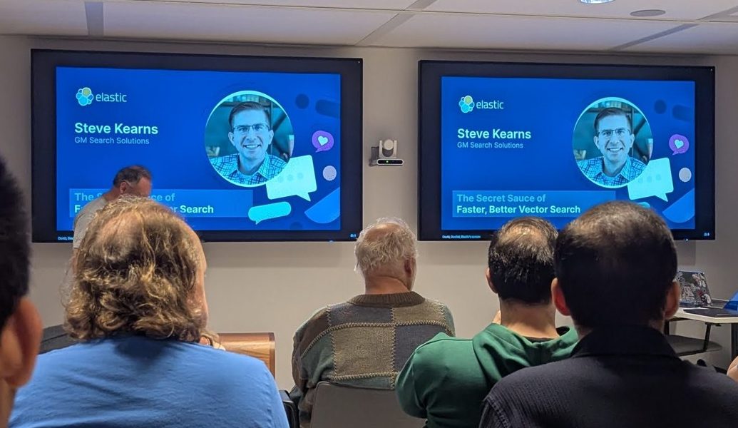 Two screens showing Steve Kearns' title slide, The Secret Sauce of Faster, Better Vector Search, with his role GM Search Solutions