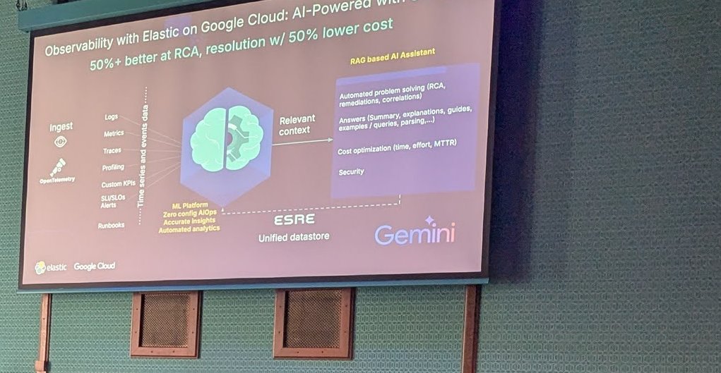 The Observability with Elastic on Google Cloud slide showing ingest, an ML platform, ESRE as unified datastore and a Gemini-powered RAG AI Assistant