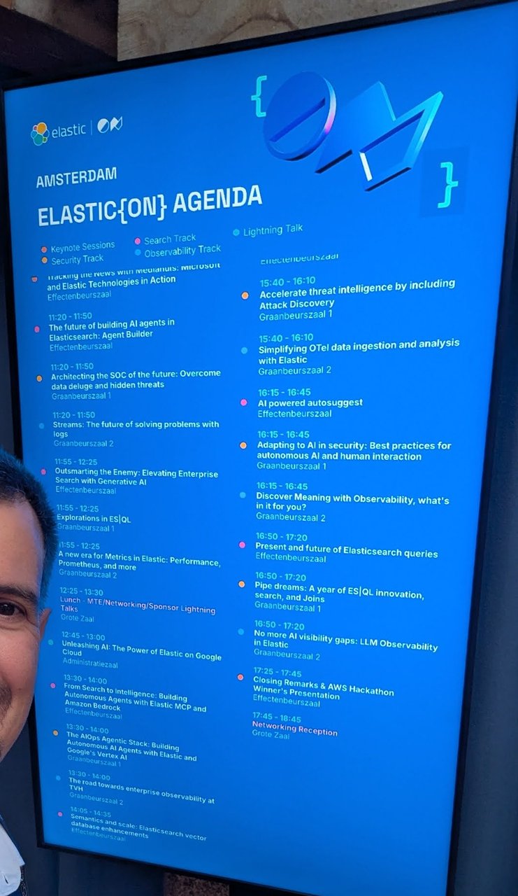 The ElasticON Amsterdam agenda board listing sessions from 11:20 to the 17:45 networking reception, colour-coded by track