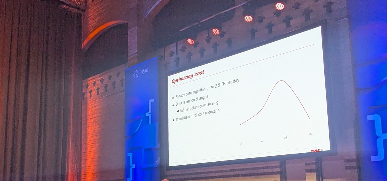 The TVH Optimizing cost slide: steady ingestion up to 2.5 TB per day, data retention changes, infrastructure downscaling and an immediate 10% cost reduction