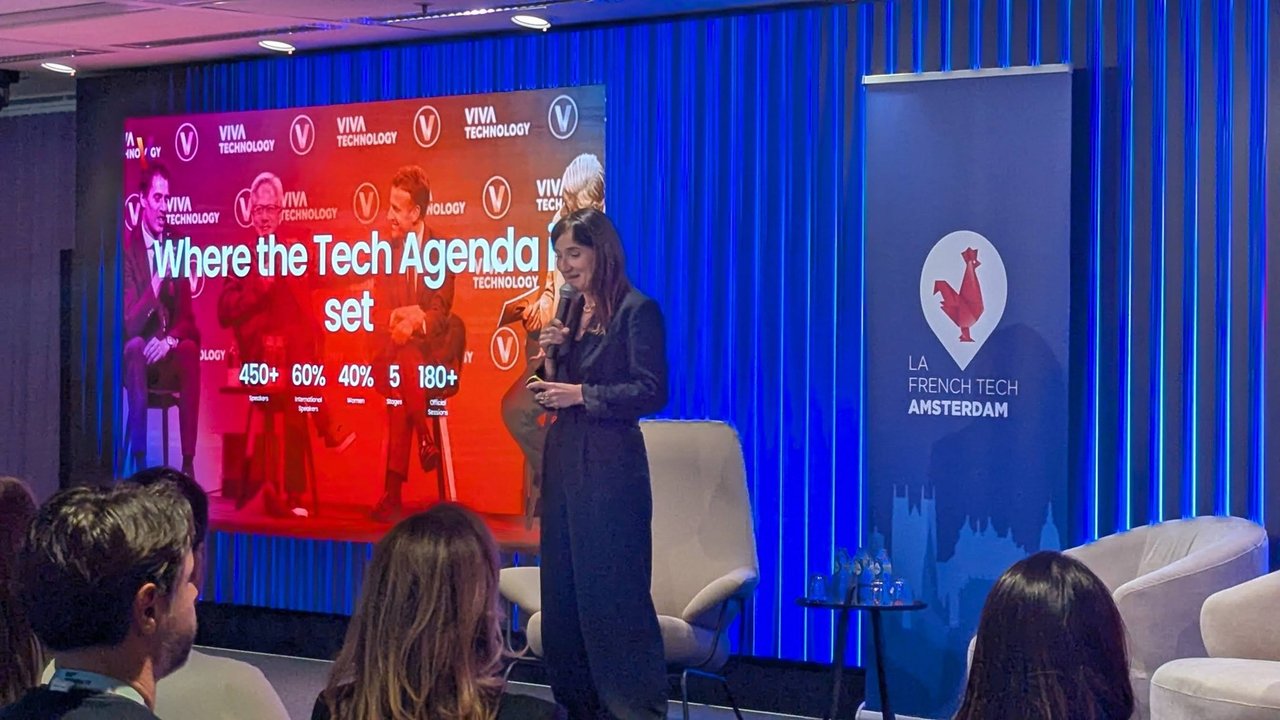 A VivaTech presenter in front of a slide titled Where the Tech Agenda is set, listing 450+ speakers, 60% international speakers, 40% women, 5 stages and 180+ official sessions