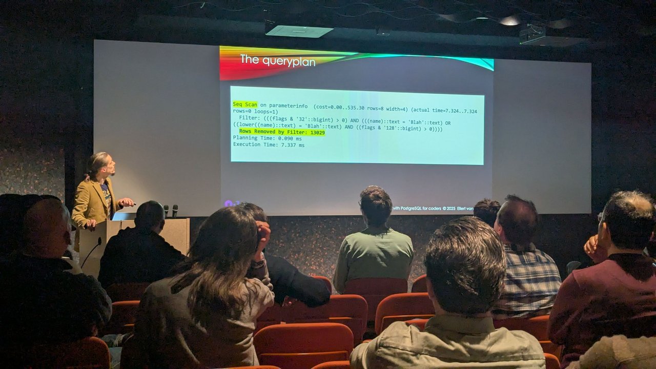 The queryplan slide showing a Seq Scan on parameterinfo with Rows Removed by Filter 13029 and an execution time of 7.337 ms