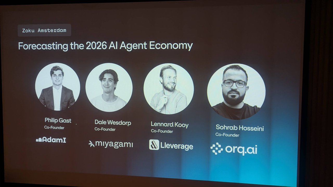 Title slide of Forecasting the 2026 AI Agent Economy at Zoku Amsterdam with Philip Gast of AdamI, Dale Wesdorp of miyagami, Lennard Kooy of Lleverage and Sohrab Hosseini of Orq.ai