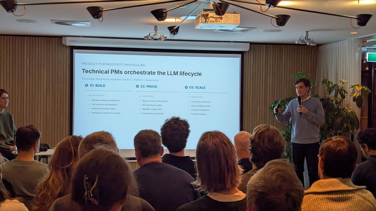 Technical PMs orchestrate the LLM lifecycle slide with Build, Prove and Scale columns at Zoku Amsterdam