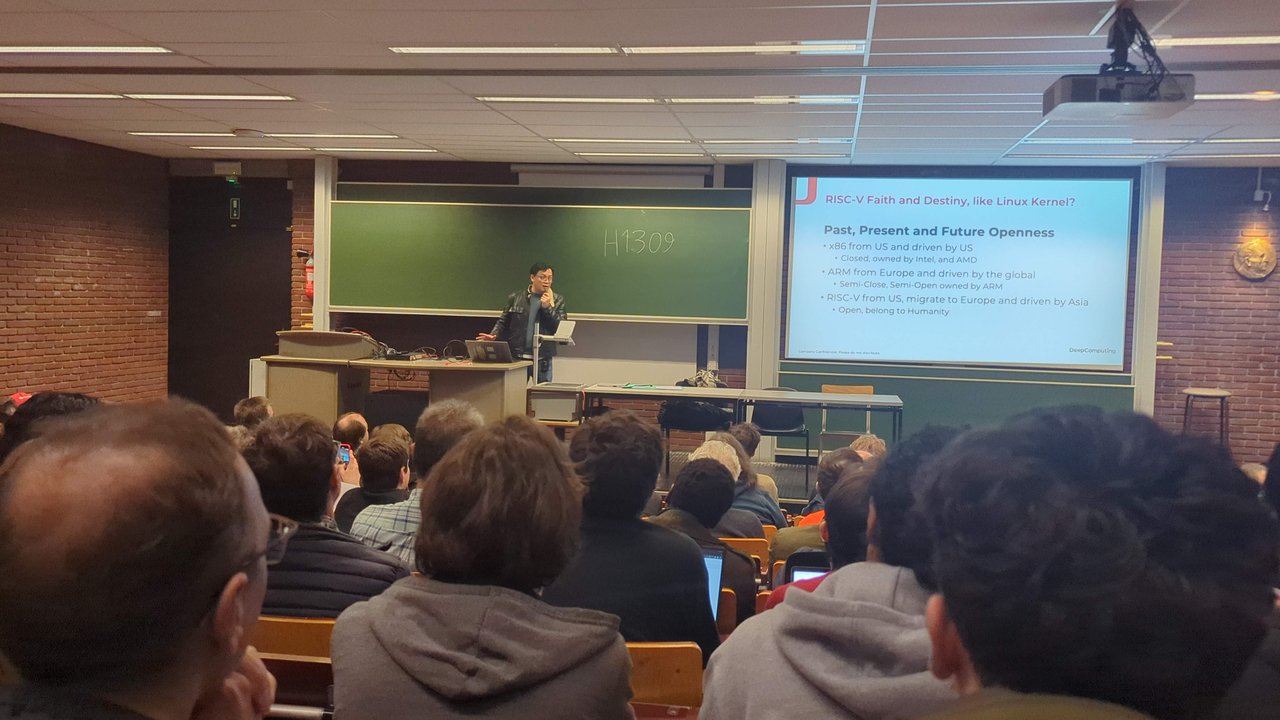 DeepComputing slide comparing x86, ARM and RISC-V openness, titled RISC-V Faith and Destiny, like Linux Kernel, in room H.1309 at FOSDEM 2025