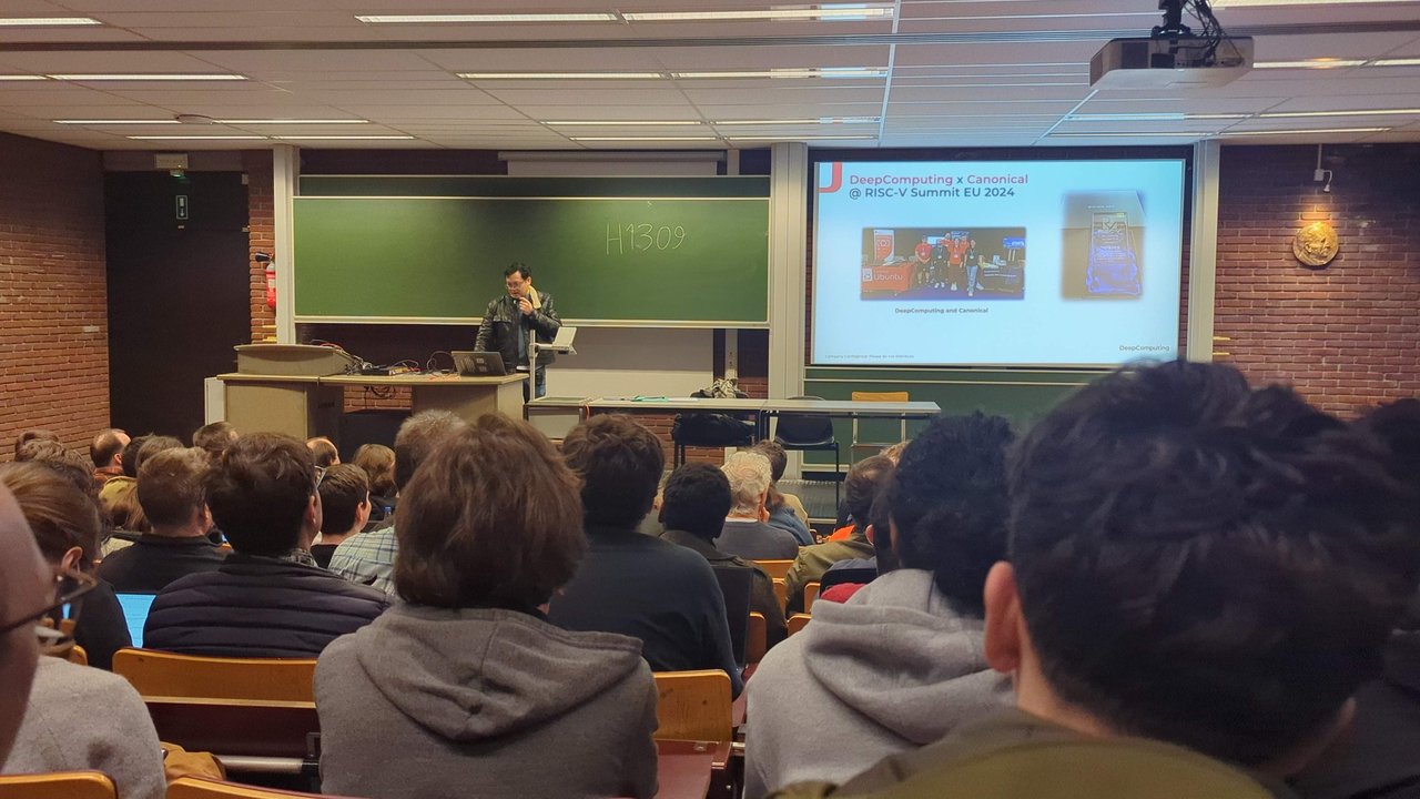 DeepComputing x Canonical at RISC-V Summit EU 2024 slide in room H.1309 at FOSDEM 2025
