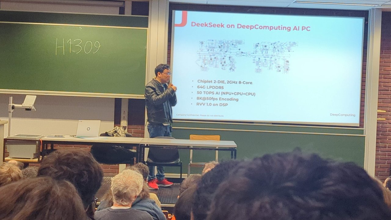 DeepSeek on DeepComputing AI PC slide during a RISC-V talk in room H.1309 at FOSDEM 2025
