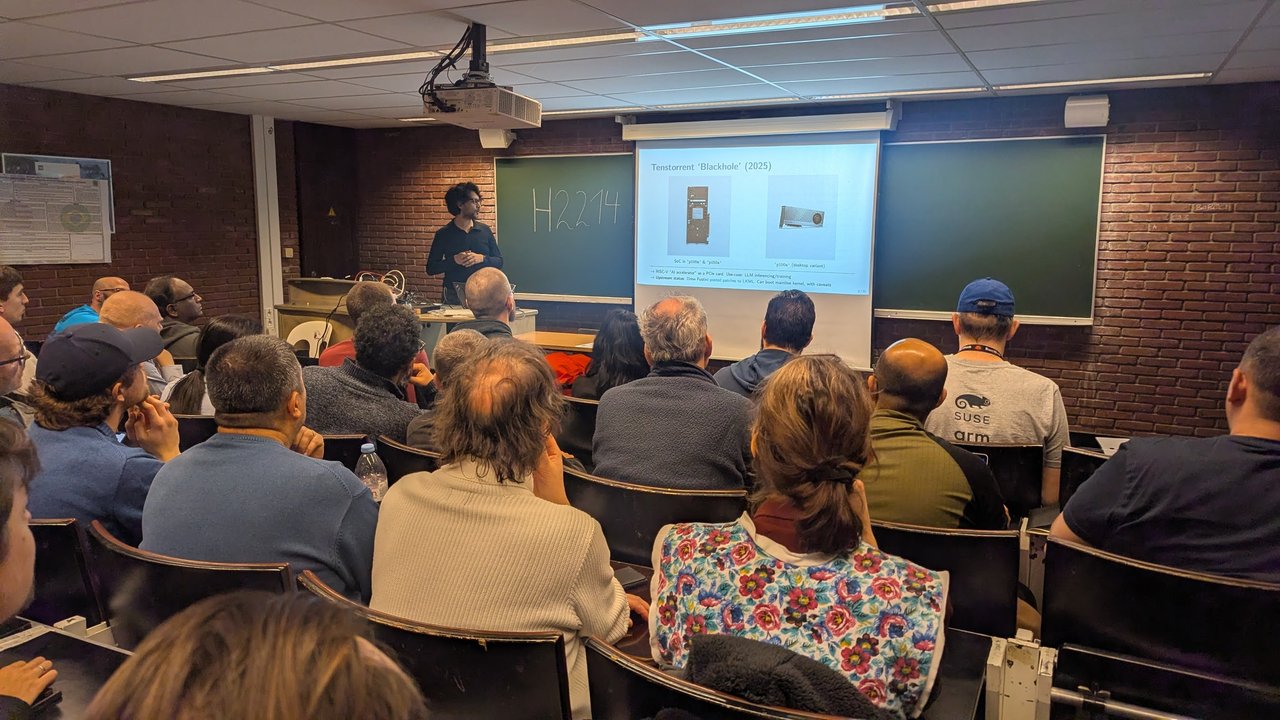 Tenstorrent Blackhole slide showing the p100a and p150a PCIe cards in the Fedora on RISC-V talk at FOSDEM 2026