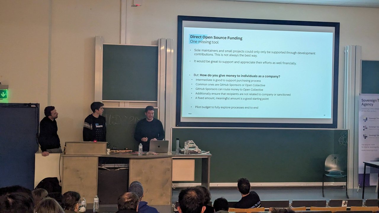 Direct Open Source Funding One missing tool slide from SAP in room UD2.218 at FOSDEM 2026