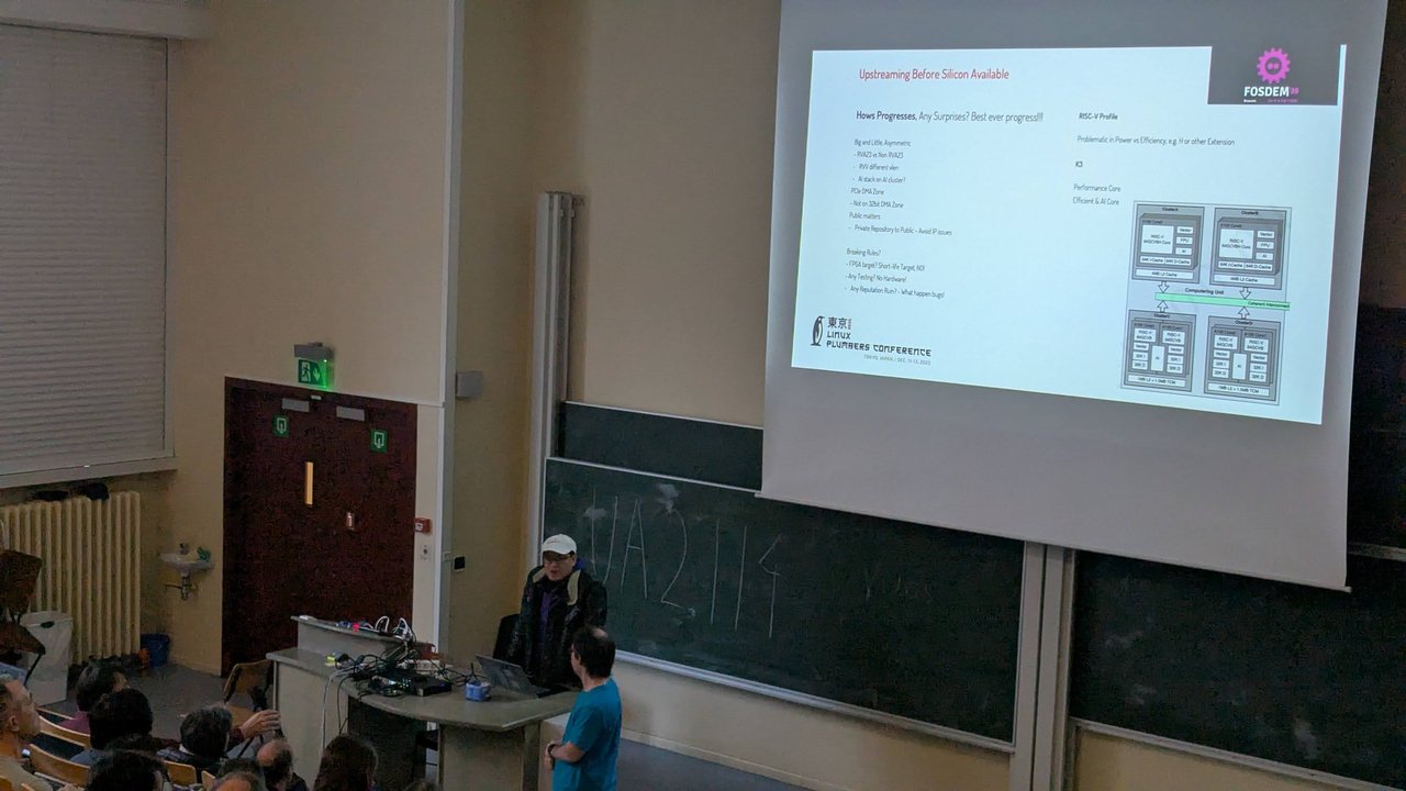 Upstreaming Before Silicon Available slide with a RISC-V cluster diagram, in room UA2.114 at FOSDEM 2026