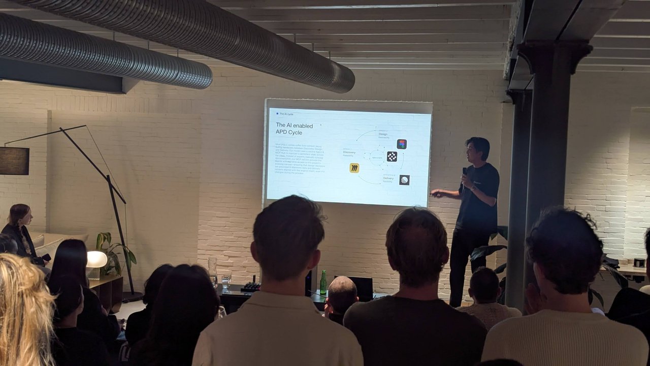 miyagami speaker presenting The AI enabled APD Cycle with Discovery, Design and Delivery sprints around an Agents and MCPs hub