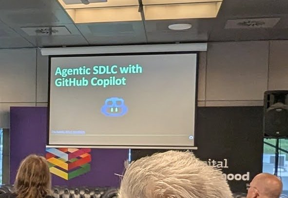 Projected title slide reading Agentic SDLC with GitHub Copilot