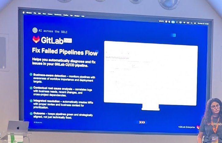 GitLab Duo slide Fix Failed Pipelines Flow: helps you automatically diagnose and fix issues in your GitLab CI/CD pipeline, with business-aware detection, contextual root cause analysis, integrated resolution and outcome