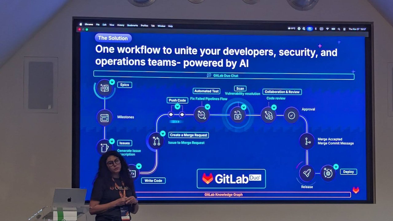GitLab slide One workflow to unite your developers, security, and operations teams, powered by AI: a flow from epics and issues through merge request, tests, scan, review, approval, release and deploy, with GitLab Duo Chat on top and GitLab Knowledge Graph underneath