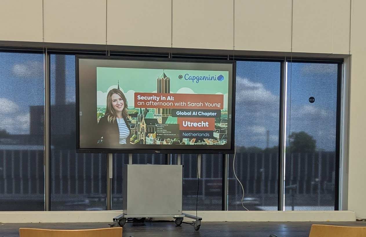 The event poster slide: Security in AI, an afternoon with Sarah Young, Global AI Chapter Utrecht, at Capgemini
