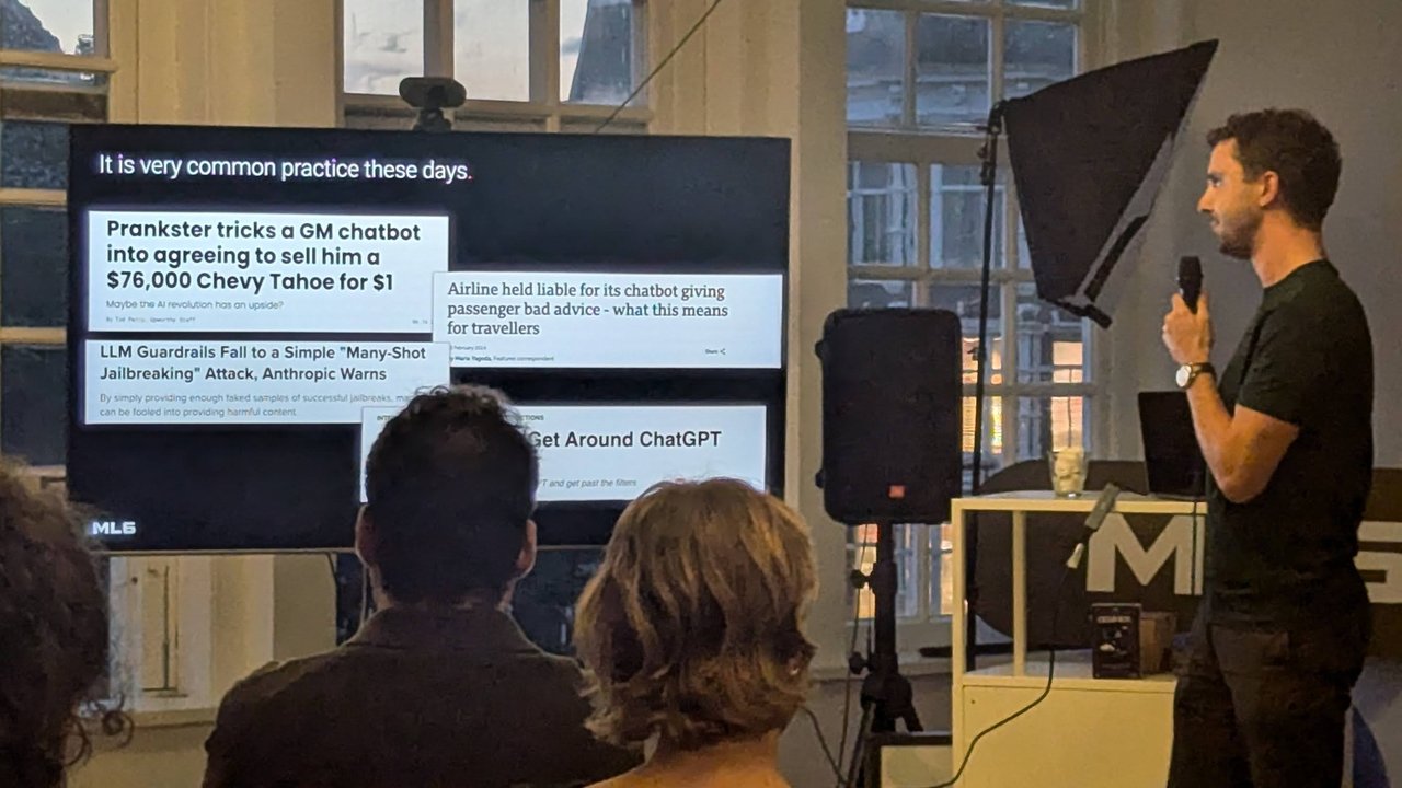ML6 slide of news headlines about chatbot failures, including a $76,000 Chevy Tahoe sold for $1 and many-shot jailbreaking