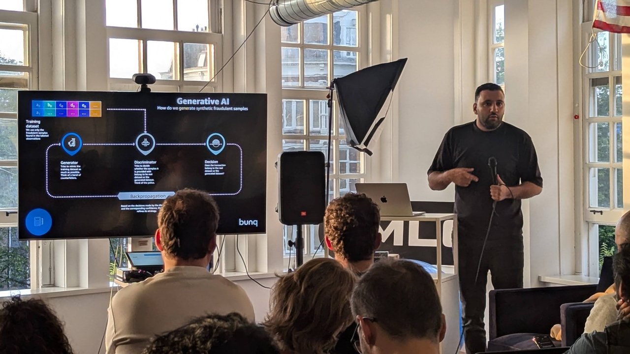 bunq's Generative AI slide showing a training dataset feeding a generator, a discriminator and a decision step, connected by a backpropagation loop