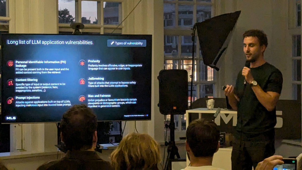 ML6's Long list of LLM application vulnerabilities slide: PII leakage, content filtering, prompt injections, profanity, jailbreaking and bias and fairness