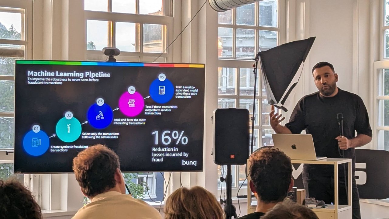 bunq's five-step Machine Learning Pipeline slide ending in a 16% reduction in losses incurred by fraud, with the speaker next to the screen