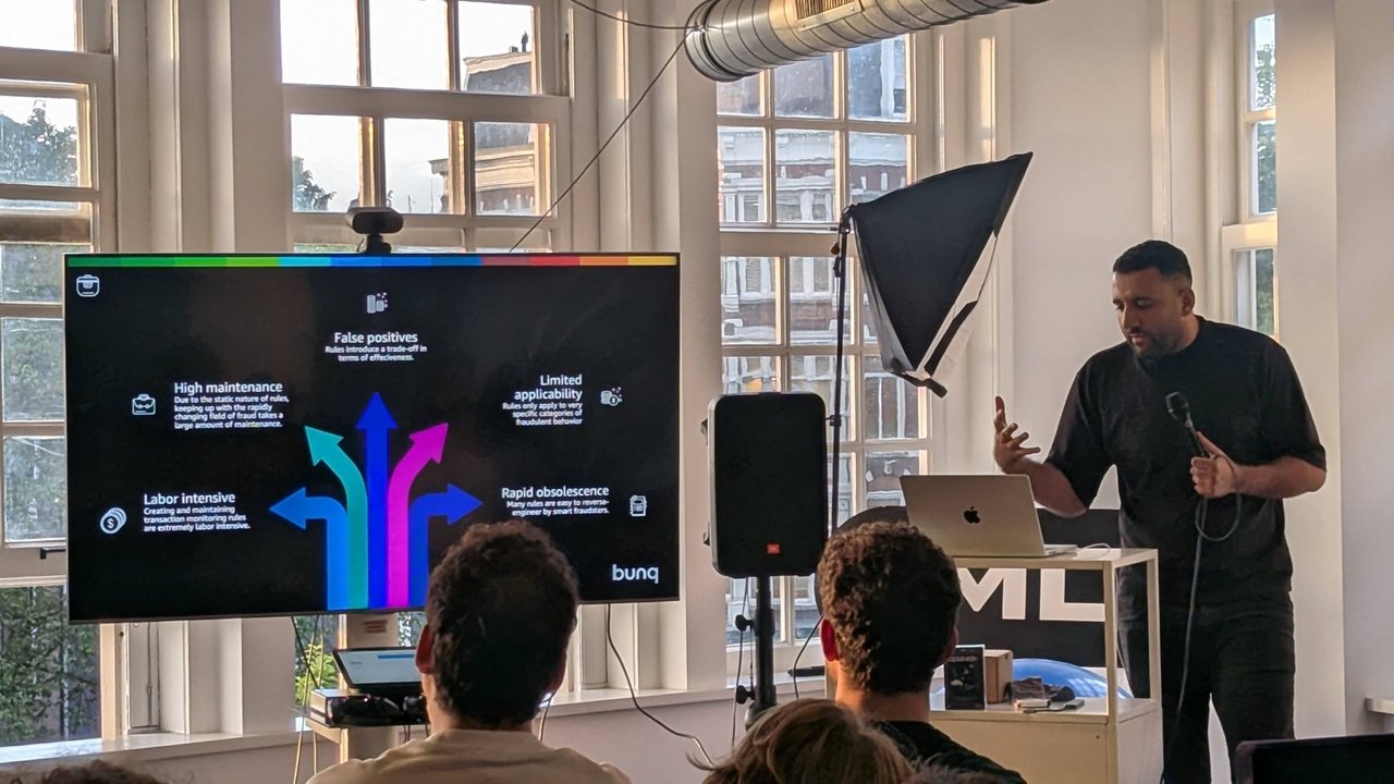 bunq slide with five arrows listing the limits of rule-based fraud detection: high maintenance, false positives, limited applicability, labour intensive and rapid obsolescence