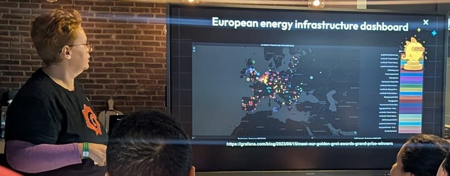 The European energy infrastructure dashboard on the screen at Grafana & Friends Amsterdam, a map of Europe with coloured points and a Golden Grot trophy next to it