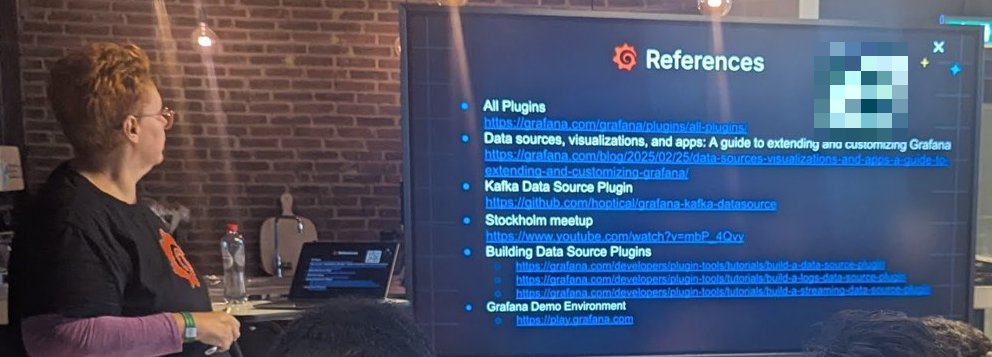 The References slide listing the Grafana plugin catalog, a guide to extending Grafana, the Kafka data source plugin, a Stockholm meetup recording, data source plugin tutorials and play.grafana.com