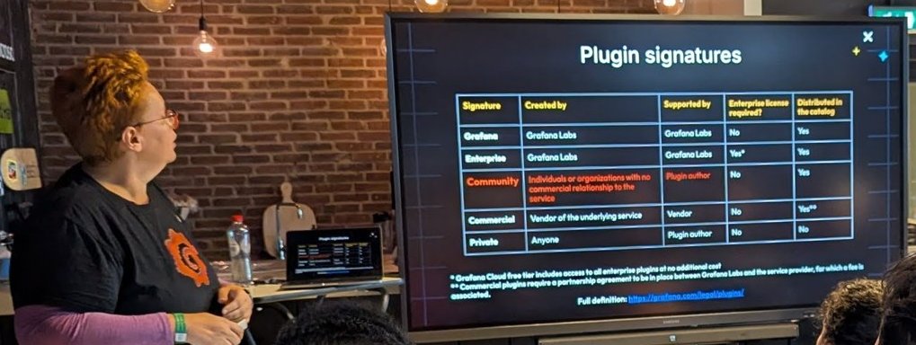 The Plugin signatures slide comparing Grafana, Enterprise, Community, Commercial and Private plugins by creator, supporter, licence and catalog distribution