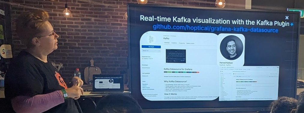 The slide Real-time Kafka visualization with the Kafka Plugin, showing the github.com/hoptical/grafana-kafka-datasource link and the plugin's catalog page