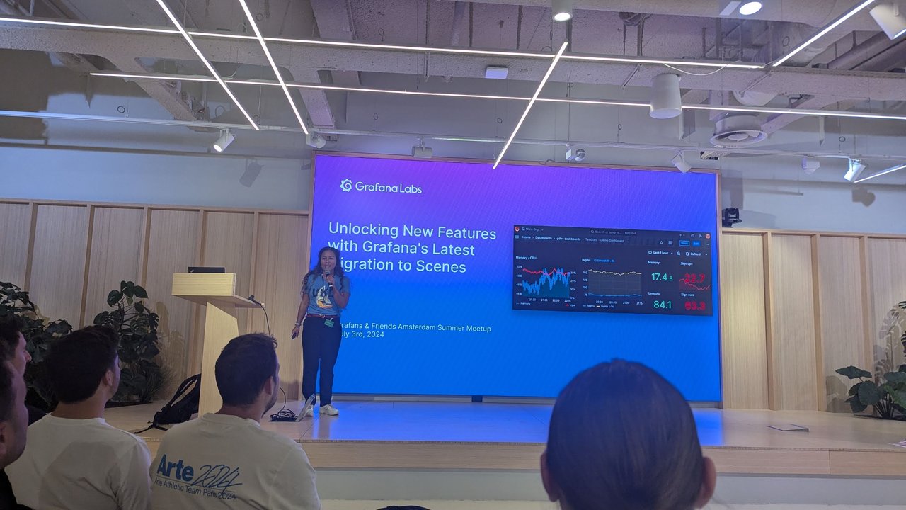 Grafana Labs title slide, Unlocking New Features with Grafana's Latest Migration to Scenes, with the speaker beside it