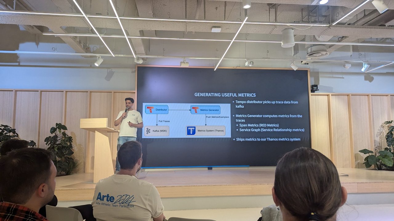 Slide titled Generating useful metrics showing the distributor, metrics generator and Thanos