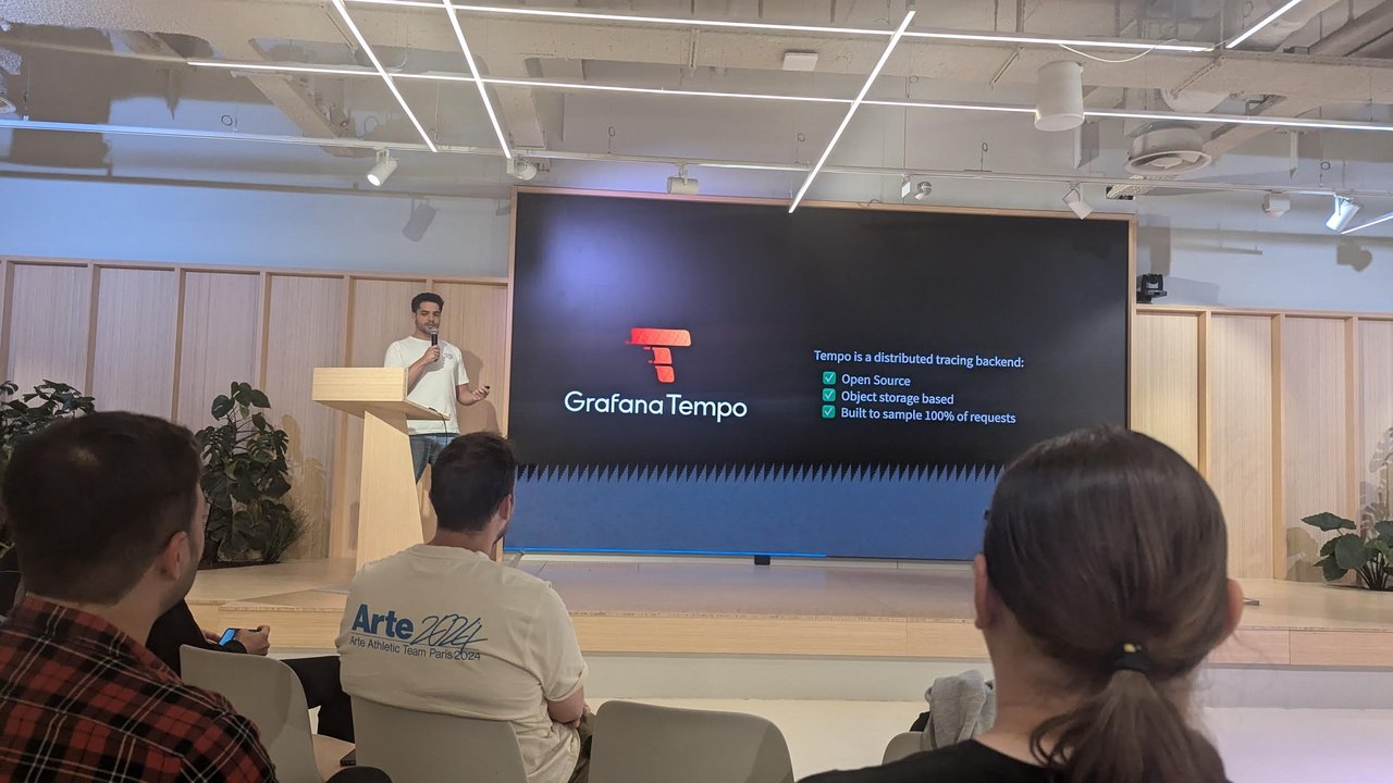 Slide titled Grafana Tempo listing open source, object storage based and built to sample 100% of requests