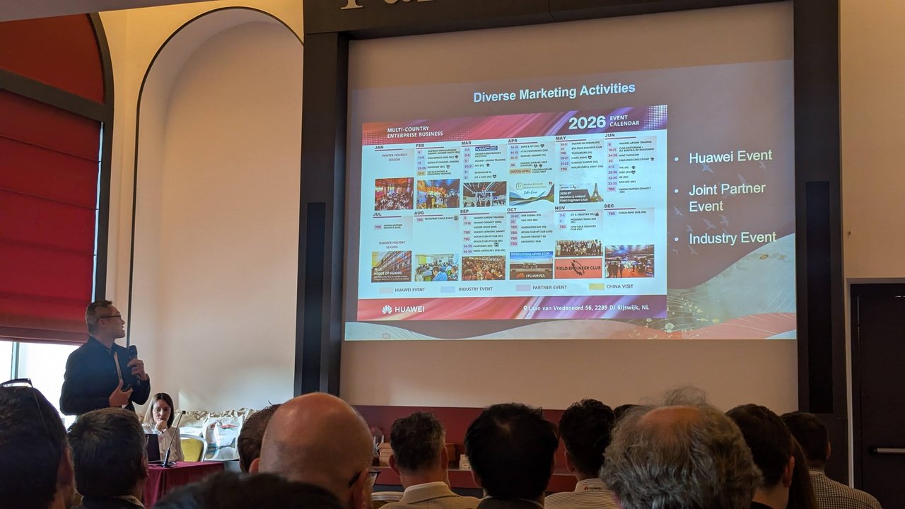 The presenter beside the Diverse Marketing Activities slide listing Huawei, joint partner and industry events