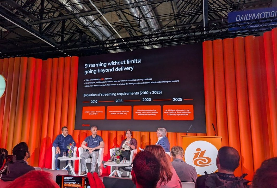 Panel on an IBC stage under the slide Streaming without limits: going beyond delivery, with an evolution of streaming requirements timeline from 2010 to 2025