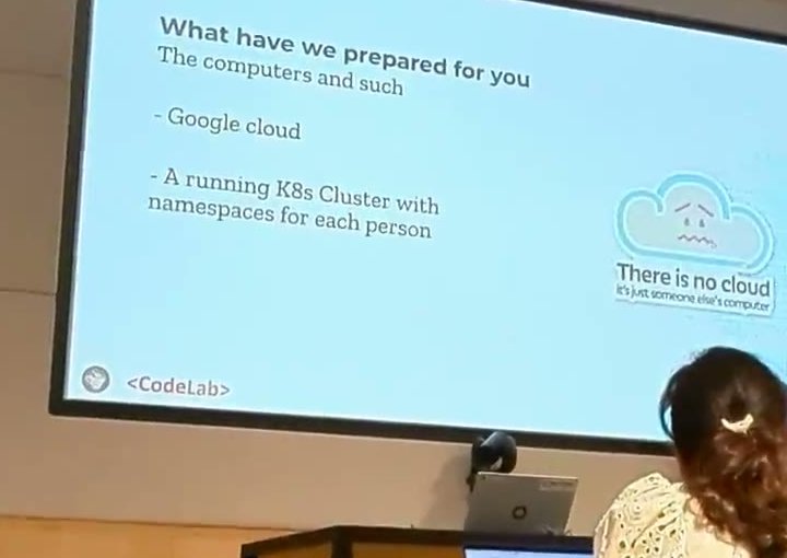 Workshop slide titled What have we prepared for you, listing Google Cloud and a running Kubernetes cluster with a namespace for each person