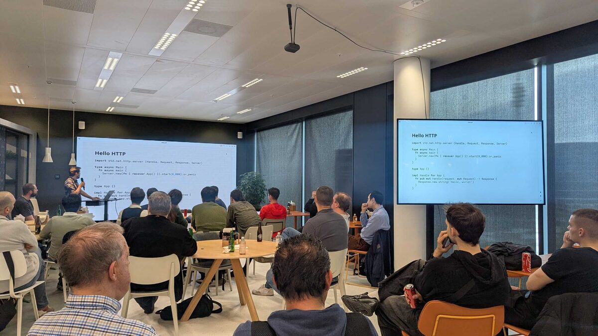 Inko meetup — Hello HTTP slide showing the batteries-included HTTP server