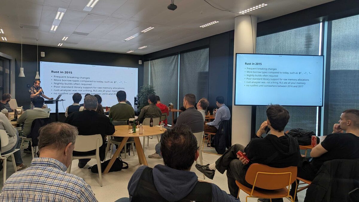 Inko meetup — Rust in 2015 slide showing early ecosystem challenges