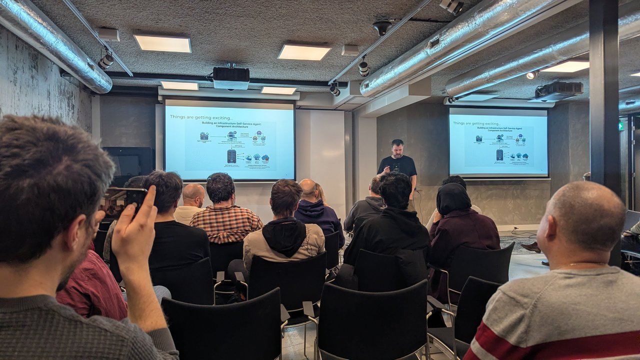 Slide titled Things are getting exciting showing the component architecture of an infrastructure self-service agent built with ADK, A2A and an MCP server