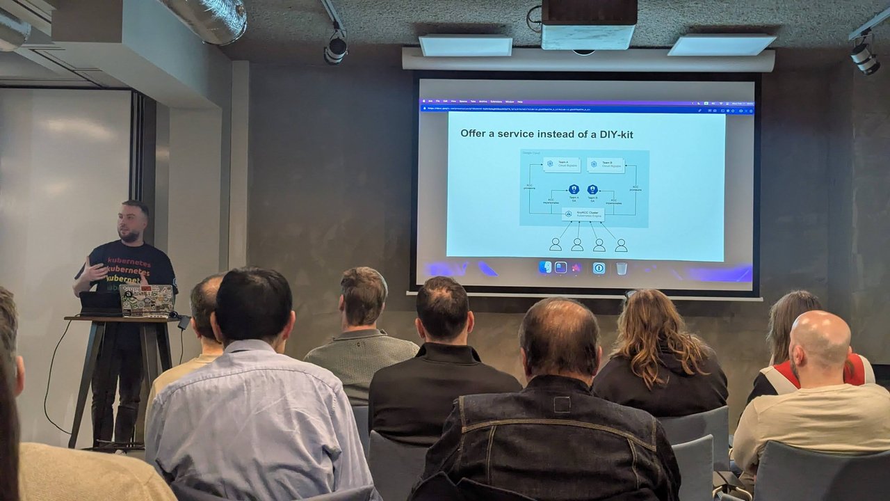 Slide titled Offer a service instead of a DIY-kit showing a Kro/KCC cluster that impersonates Team A and Team B service accounts to provision each team's Cloud Bigtable