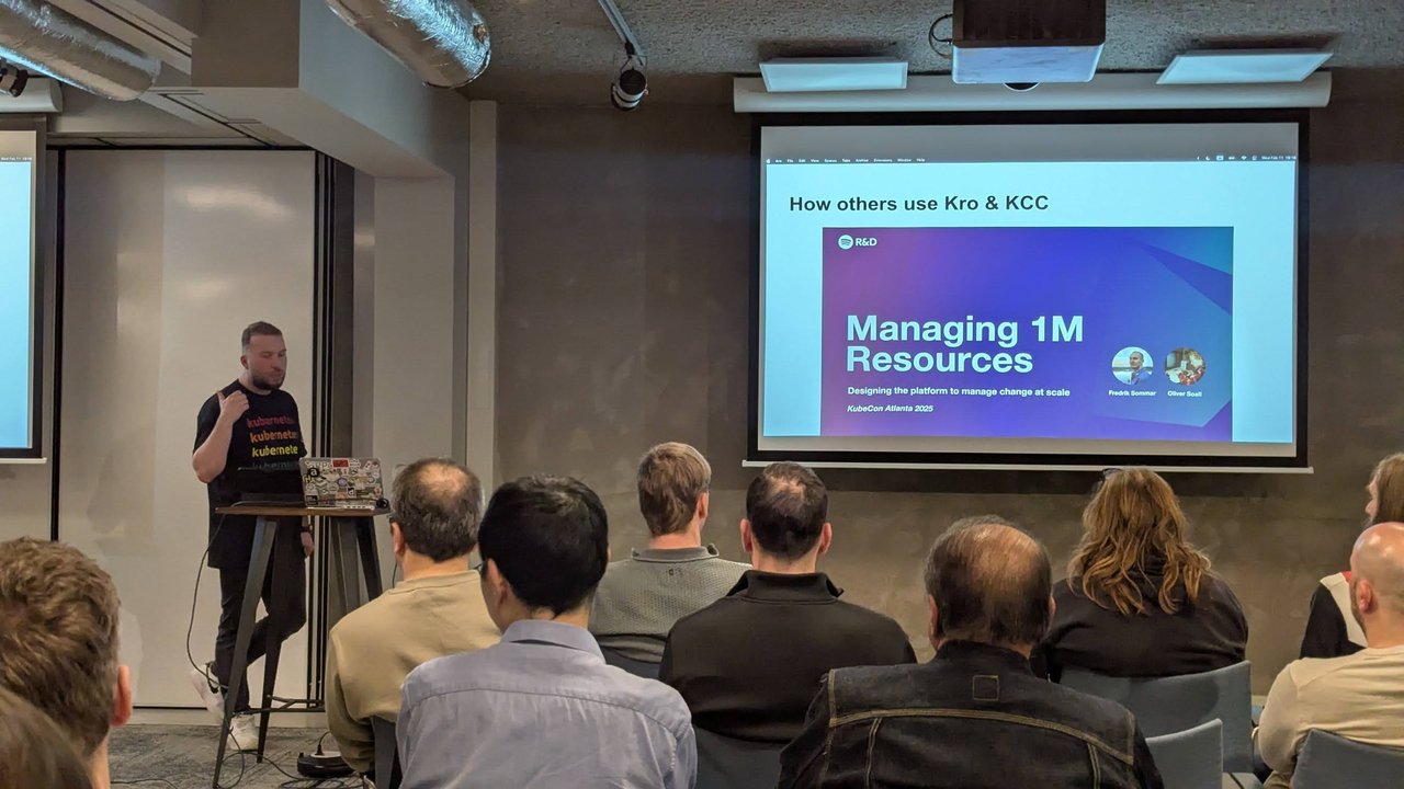 How others use Kro and KCC slide showing the Spotify R&D talk Managing 1M Resources from KubeCon Atlanta 2025