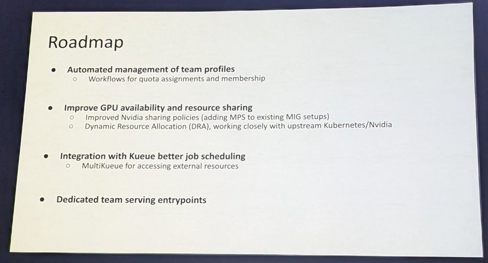 A CERN roadmap slide listing automated team profiles, better GPU availability and sharing with MPS and DRA, Kueue integration and a dedicated team serving entrypoints