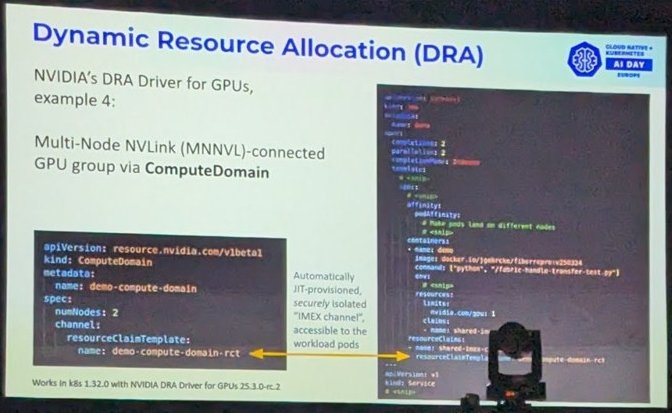 Slide showing a ComputeDomain resource for a Multi-Node NVLink connected GPU group and the Job that uses it