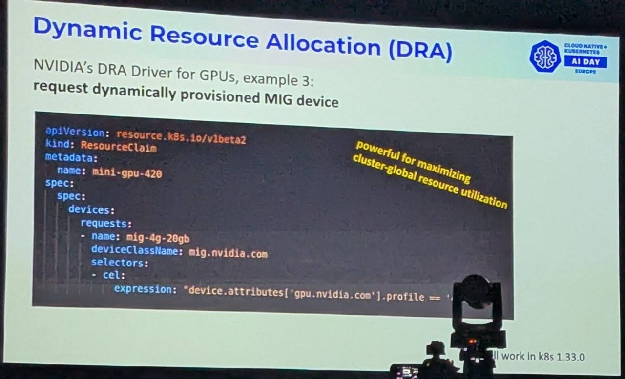 Slide showing a ResourceClaim requesting a MIG device with a CEL selector on the GPU profile