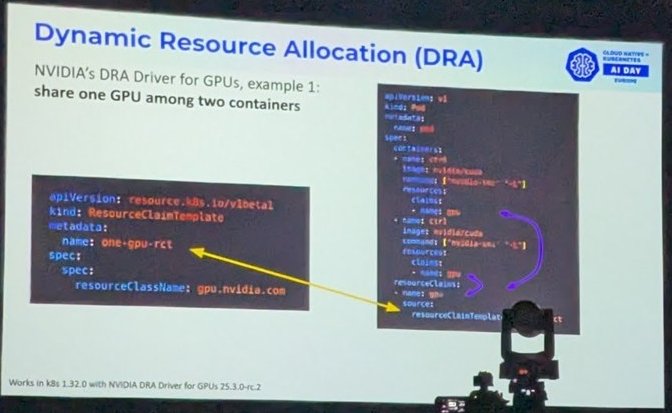 Slide showing a ResourceClaimTemplate for one GPU and a Pod whose two containers share the claim